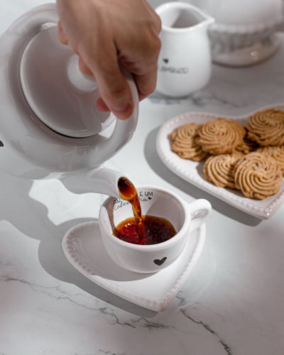 Conjunto de Xícaras de Chá e Café com Pires Coração Plissadinho