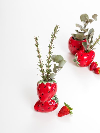 Vaso de Flor ou Porta Vela Tutti Frutti Strawberry - Morango Alto - 8,5X7X11,8CM