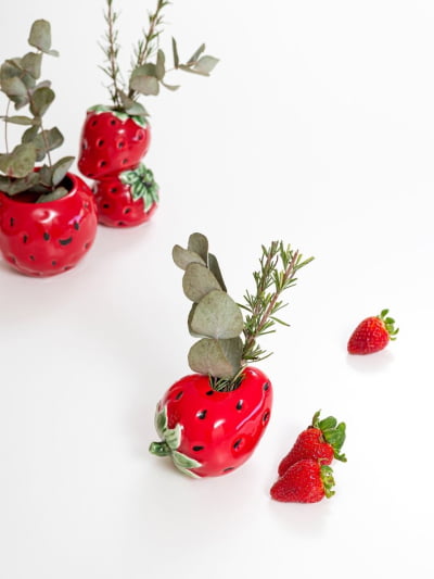 Vaso de Flor ou Porta Vela Tutti Frutti Strawberry - Morango Baixo - 9,2X7,2X6,6CM
